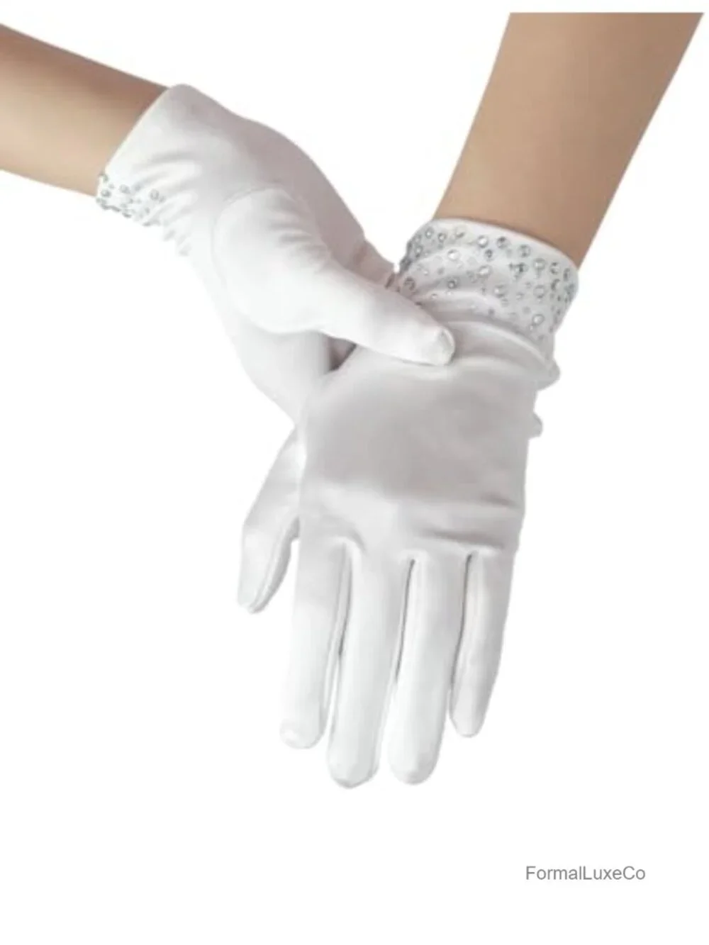Short Satin Gloves with Rhinestone Sparkle Stretchy Wrist Length Tea Party